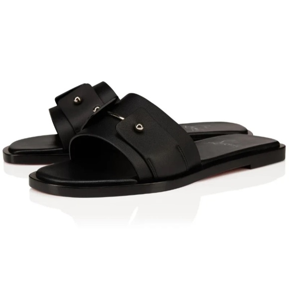 Christian Louboutin Shoes - Christian Louboutin Chambelimule Donna Flat Black Calf Leather Slide Sandal 35